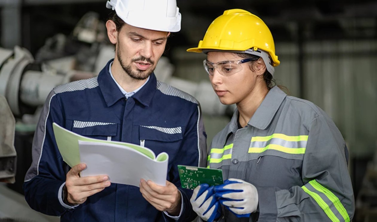 Construction workers looking at plans