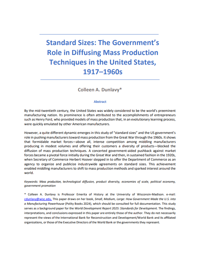 Standard Sizes: The Government’s Role in Diffusing Mass Production Techniques in the United States, 1917–1960s