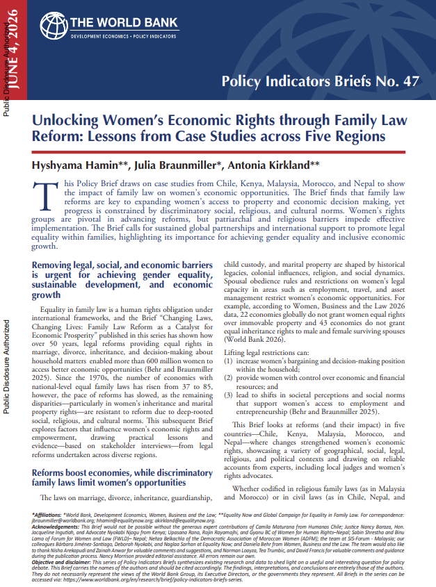 Unlocking Women’s Economic Rights through Family Law Reform: Lessons from Case Studies across Five Regions 