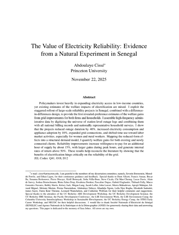 The Value of Electricity Reliability: Evidence from a Natural Experiment in Senegal