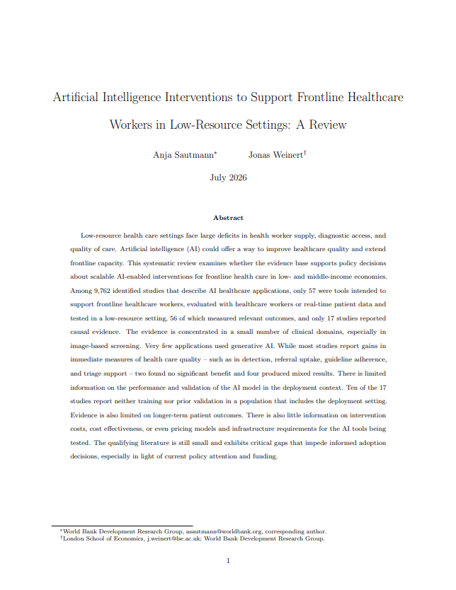 Artificial Intelligence Interventions to Support Frontline Healthcare Workers in Low-Resource Settings: A Review