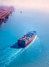 A photo of a trade ship in the ocean